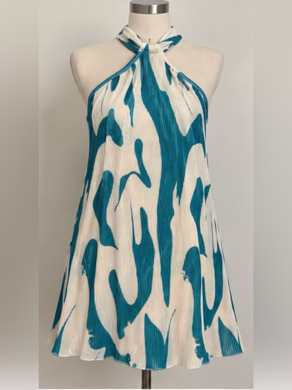 NWT Teal Ivory Abstract Pleated Halter Dress XS Boho Resort Summer